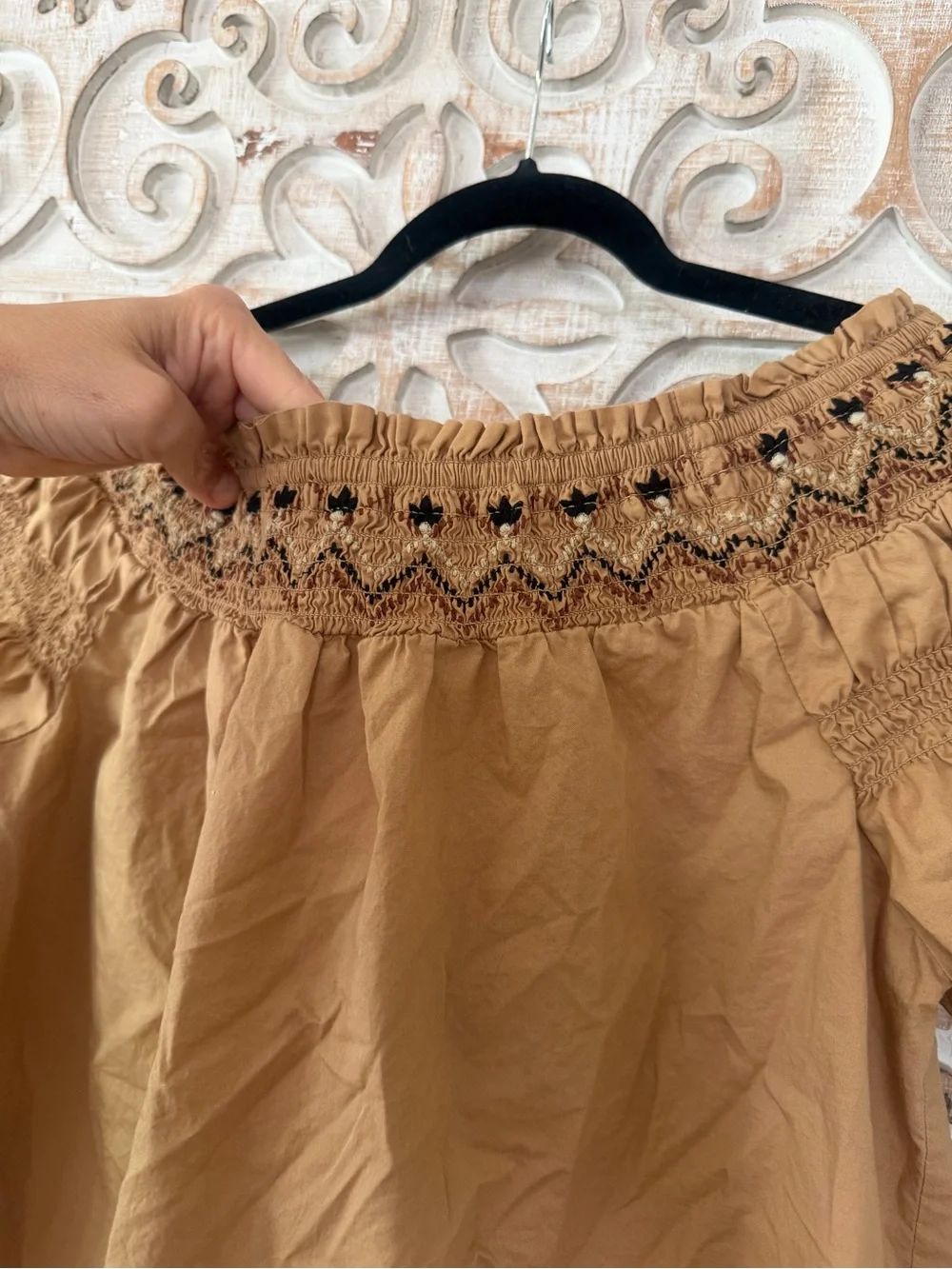 Embroidered Off-Shoulder Smocked Blouse Medium